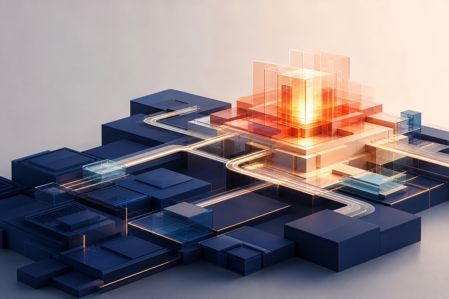 A luminous coral geometric core rises from a dark blue modular platform, with pathways connecting the new focal structure to the established foundation.