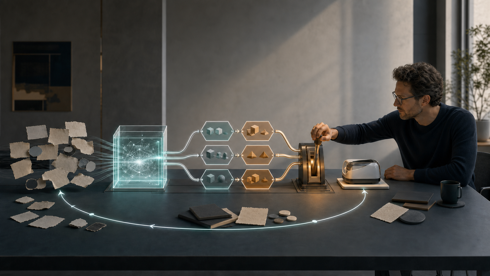 A product leader guides evidence fragments through a glowing modular system with branching options, a human-controlled decision gate, a prototype, and a looping feedback path.