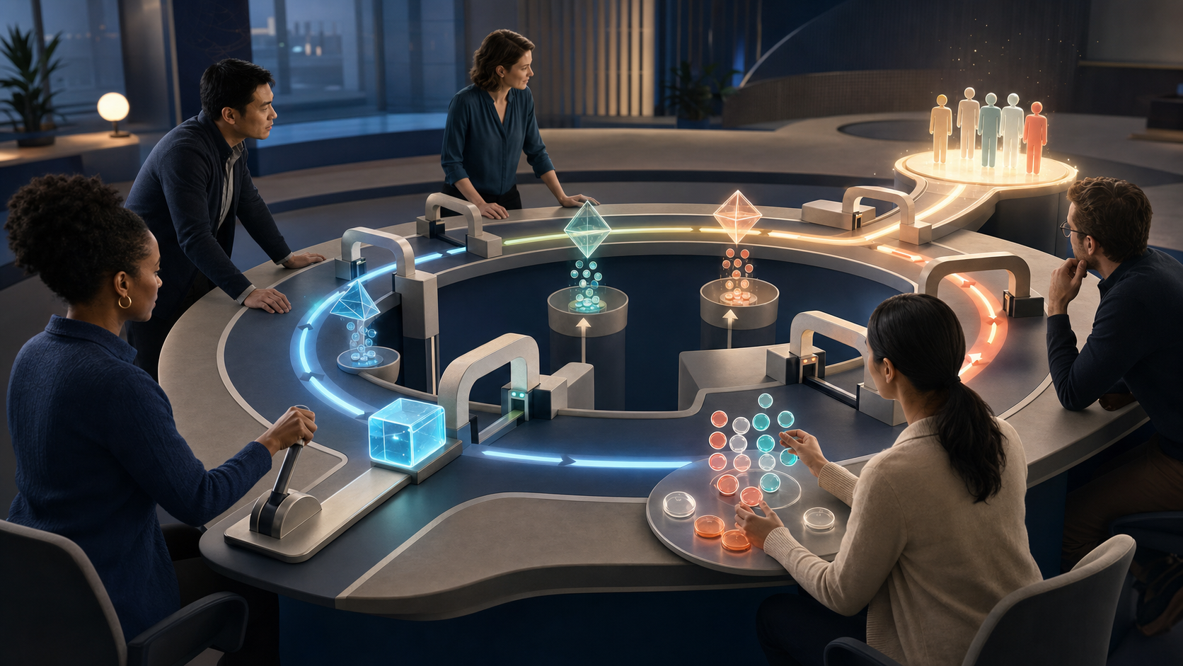 A cross-functional product team operates a circular feature-launch system with glowing AI assistants, staged checkpoint gates, signal tokens, and human-controlled rollout decisions.
