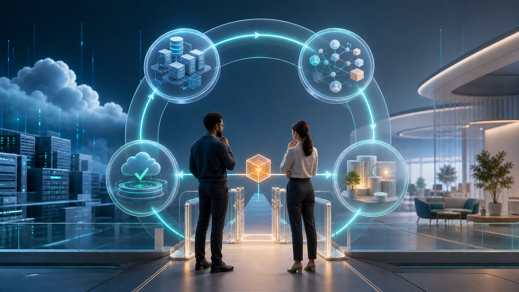 Two professionals review an action at a guarded checkpoint within a luminous loop connecting cloud infrastructure, customer context, a recommendation, and a verified outcome.