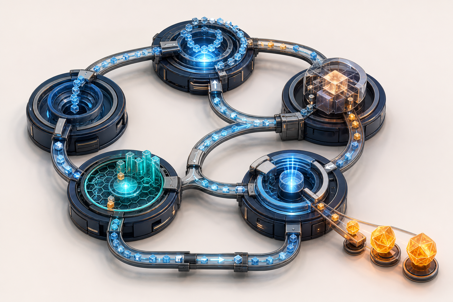 Isometric illustration of geometric customer tokens moving through an interconnected circular system, with some guided back to the central path and others progressing into larger glowing forms.