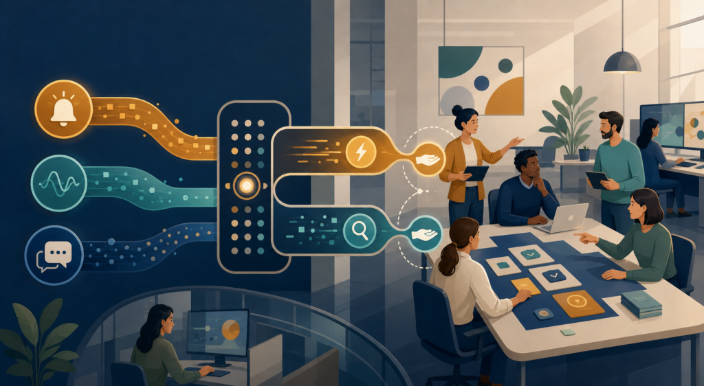 Product operations team coordinating customer alerts, usage patterns, and interview insights through separate response and evidence pathways.