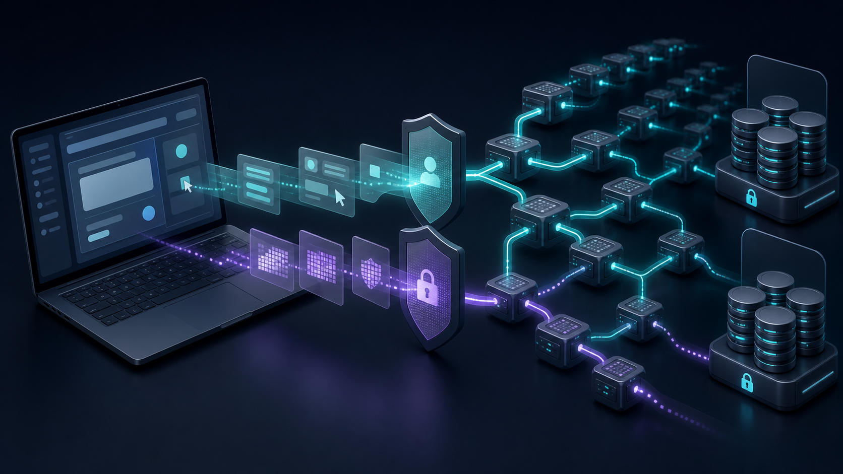 Abstract laptop session flowing through privacy-masking shields and modular processing nodes into secure storage.