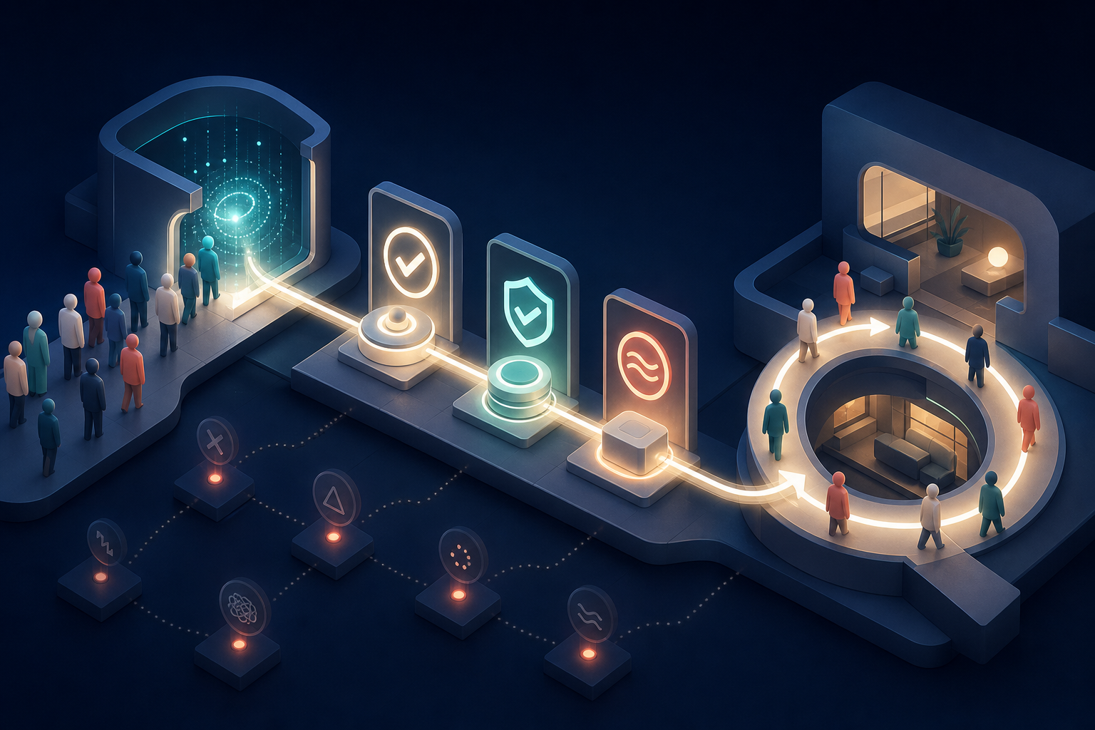 Editorial illustration of users moving through an AI evaluation process and returning along a circular product-retention pathway, with one bright connected signal and several dim disconnected indicators.