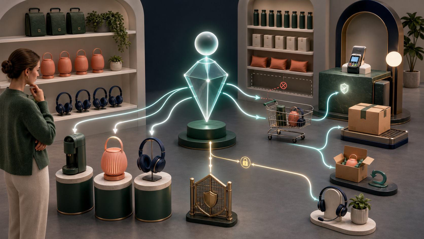 A shopper compares products while a glowing AI guide connects product inventory, a cart, checkout, an order package, returns, and customer support.