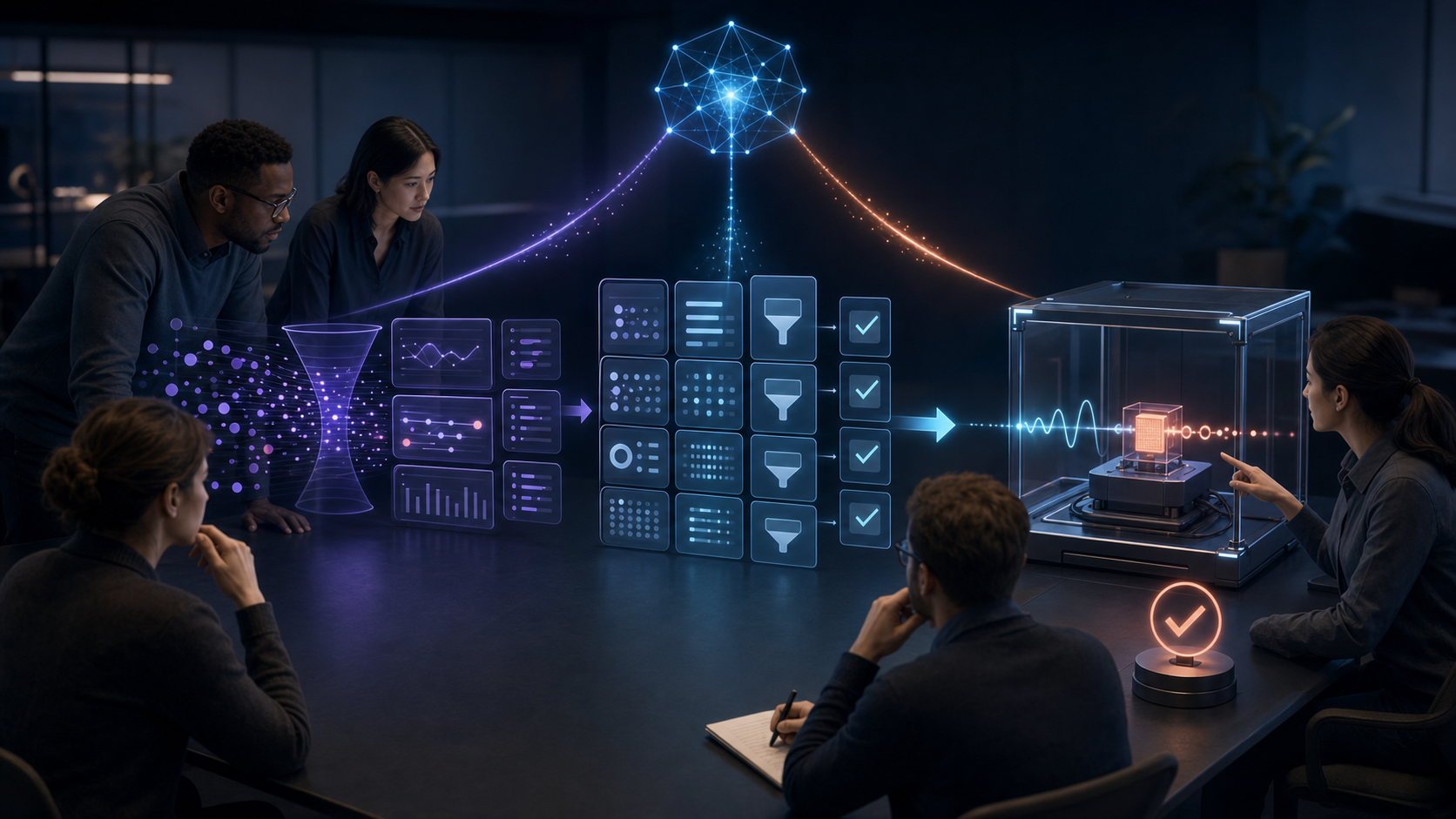 A product team reviews a glowing workflow that connects anonymous user signals to organized evidence, a bounded software change, and a final verification chamber.