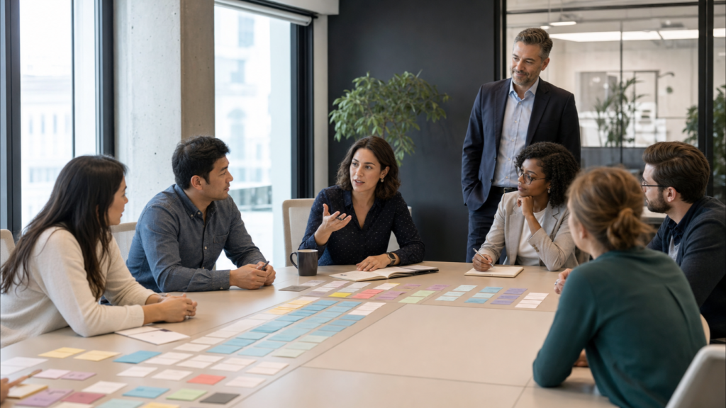 Fintech operations team planning workstreams around a conference table while a senior executive observes.