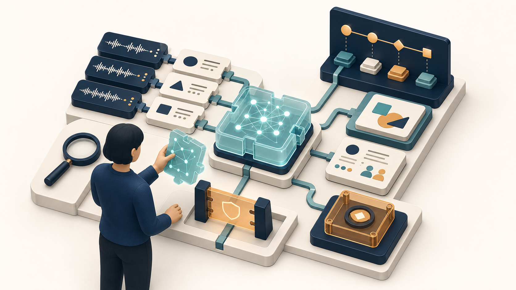 Editorial illustration of a product manager assembling layered AI workflow components around a central decision hub, with evidence inputs, review checkpoints, and product planning outputs.