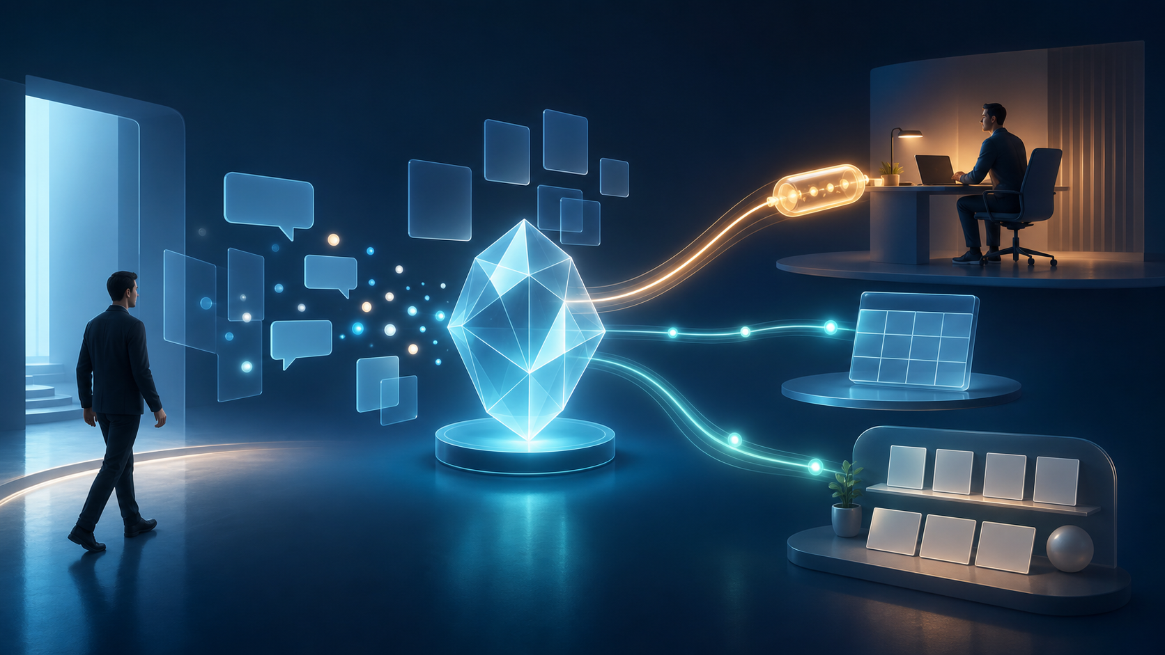 Editorial illustration of a buyer interacting with an abstract AI agent that gathers signals and routes the conversation toward a salesperson, a meeting, or self-service resources.