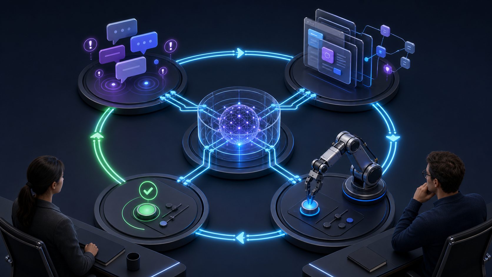 An AI orchestration core links customer support signals, product context, a controlled action, and a verified outcome in a circular workflow observed by an analyst and a support specialist.