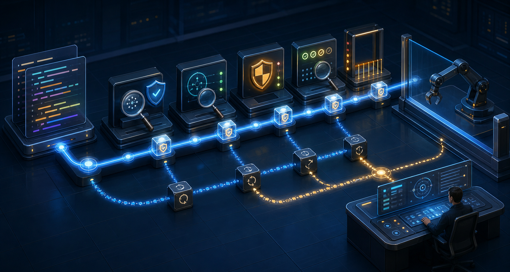 A human reviewer oversees a multi-stage software inspection pipeline connected by a glowing evidence trail and guarded by an approval gate.