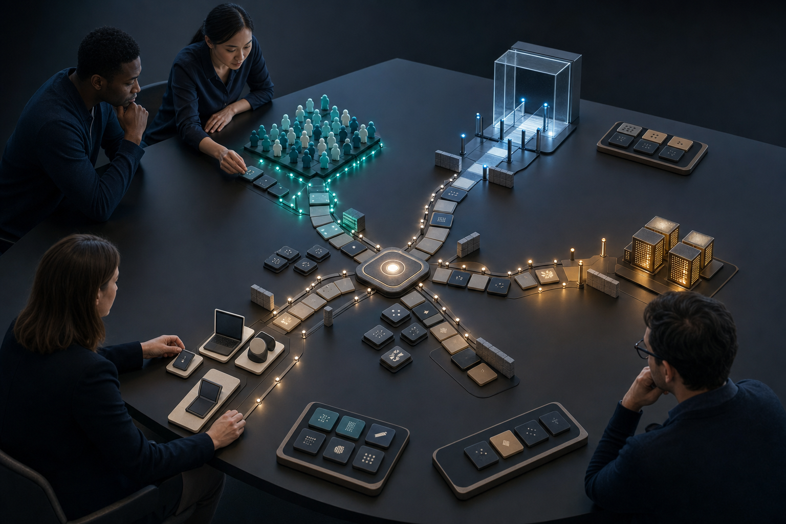 A product leadership team arranges modular investment tiles on a table where four illuminated paths lead toward different AI market and operating conditions.