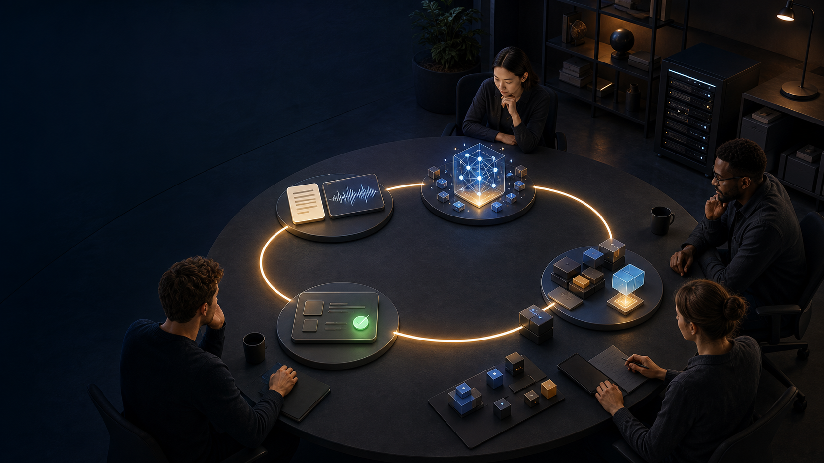 A small startup team works around a circular table where customer material, an AI system, a product module, and a completed customer task are connected by a glowing feedback loop.