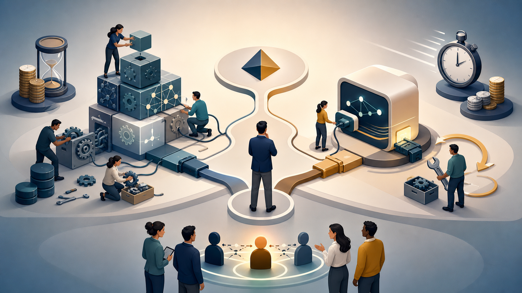 Editorial illustration of a decision-maker comparing an internally assembled prediction system with a ready-made platform, both connected to a customer-retention workflow.