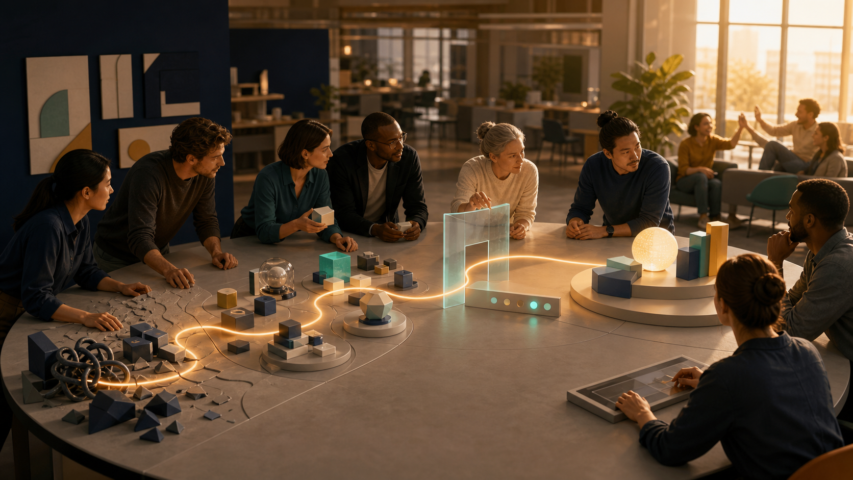 A product team guides a glowing path from a customer obstacle through prototypes and an evidence gate toward a finished solution.