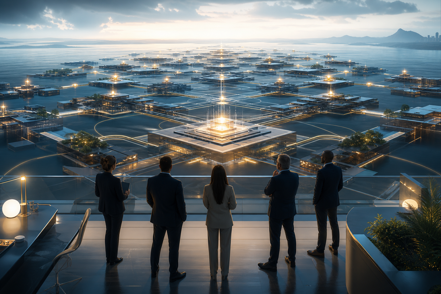 A leadership team overlooks a modular technology platform connected by circular pathways and expanding from a bright core into a stable network.