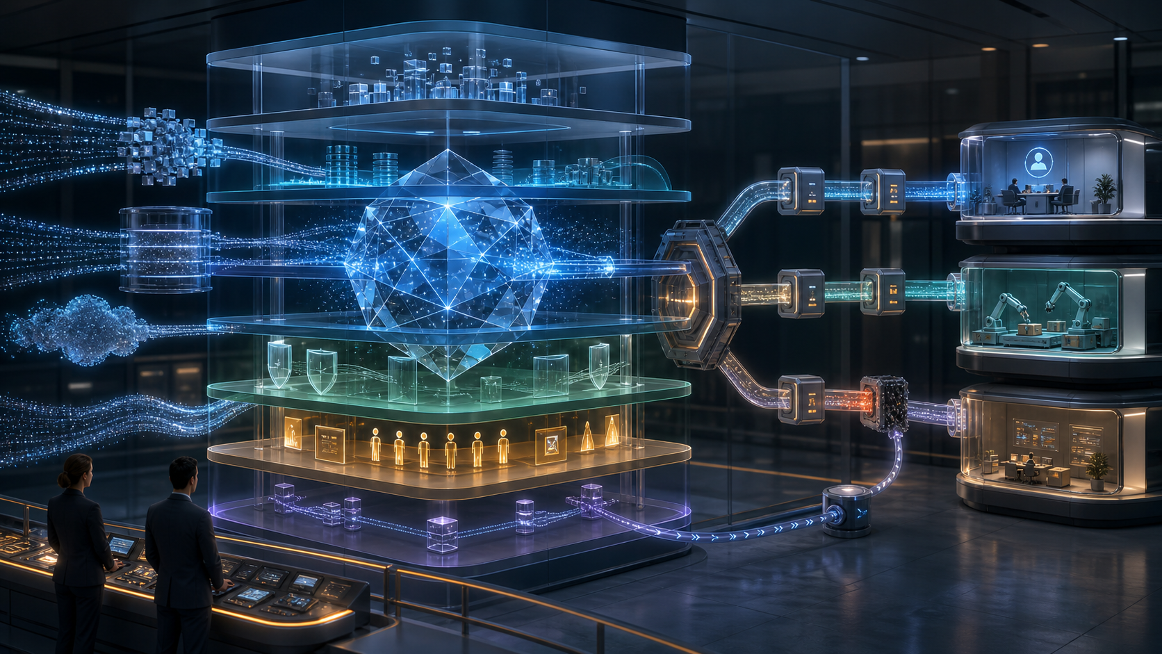 Conceptual illustration of a layered AI platform with secure data paths, control checkpoints, monitoring modules, fallback routes, and two people providing human oversight.