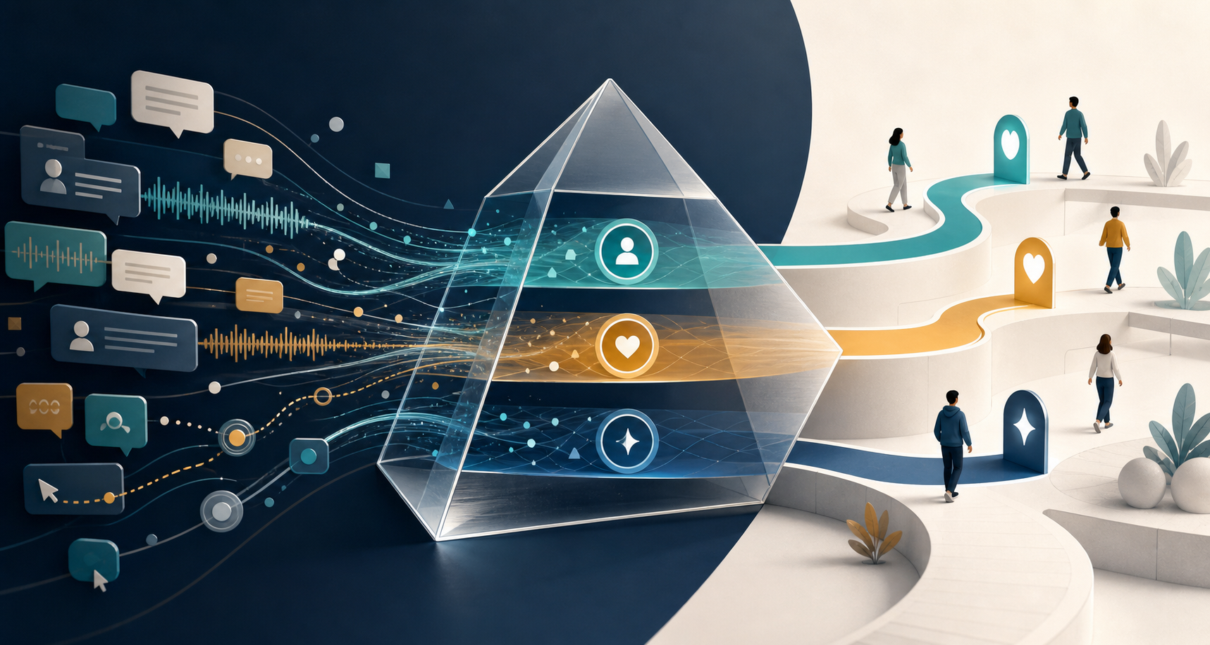 Customer signals flow through a layered translucent system and emerge as a clear self-serve product pathway used by several people.