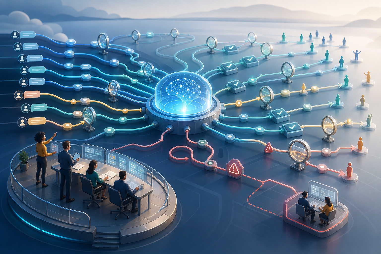 Editorial illustration of an AI customer service hub routing many conversation paths through quality checks while product and support specialists review exceptions.
