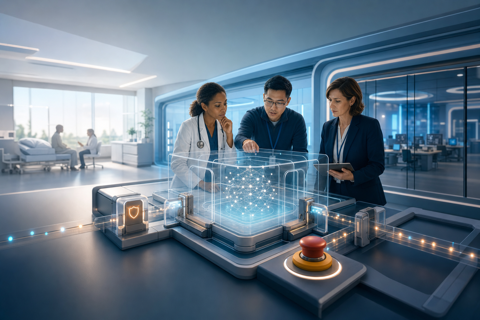 A clinician, product engineer, and compliance specialist examine a layered AI system with secure data paths, review checkpoints, and an emergency stop control in a modern healthcare setting.