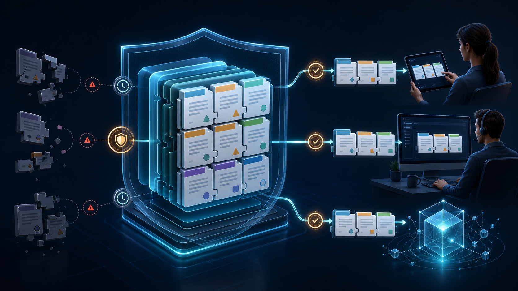 A central modular knowledge system sends consistent information along illuminated paths to a customer, a support specialist, and an abstract AI node, while obsolete document fragments remain isolated outside it.
