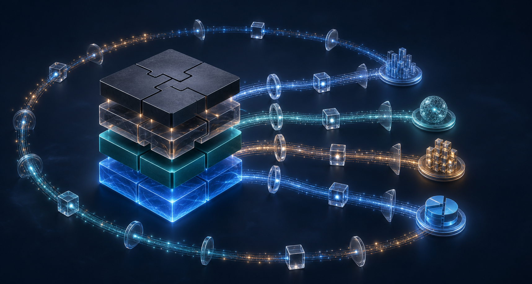 Abstract modular AI platform with four interlocking layers, branching workflows, evaluation checkpoints, guardrails, and a glowing analytics feedback loop.