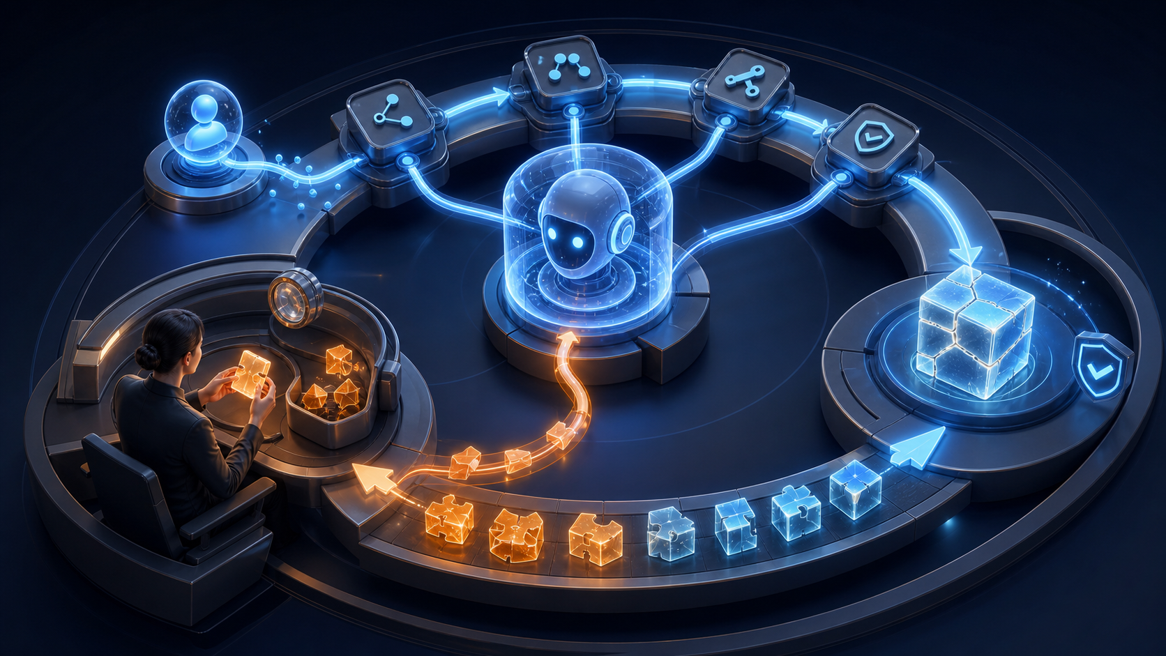 A human operations specialist reviews failure fragments in a circular workflow connecting an abstract AI support agent, customer issue decisions, a resolved outcome, and evaluation feedback.