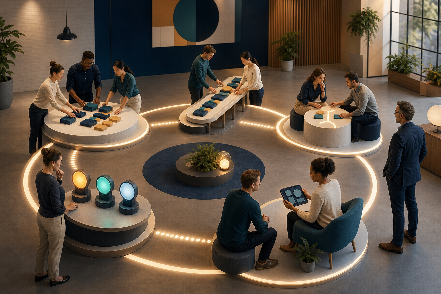 A product leader observes a cross-functional team working through connected zones for ownership, decisions, customer feedback, delivery, and quality review.