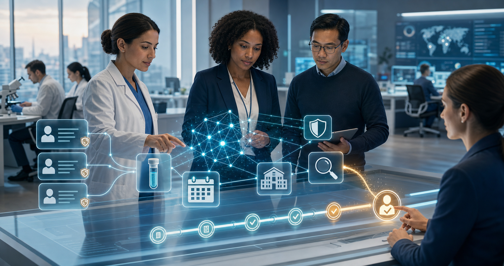 Clinical research professionals review an AI-assisted trial workflow surrounded by visual symbols for patient records, laboratory samples, site operations, security, evidence, and human approval.