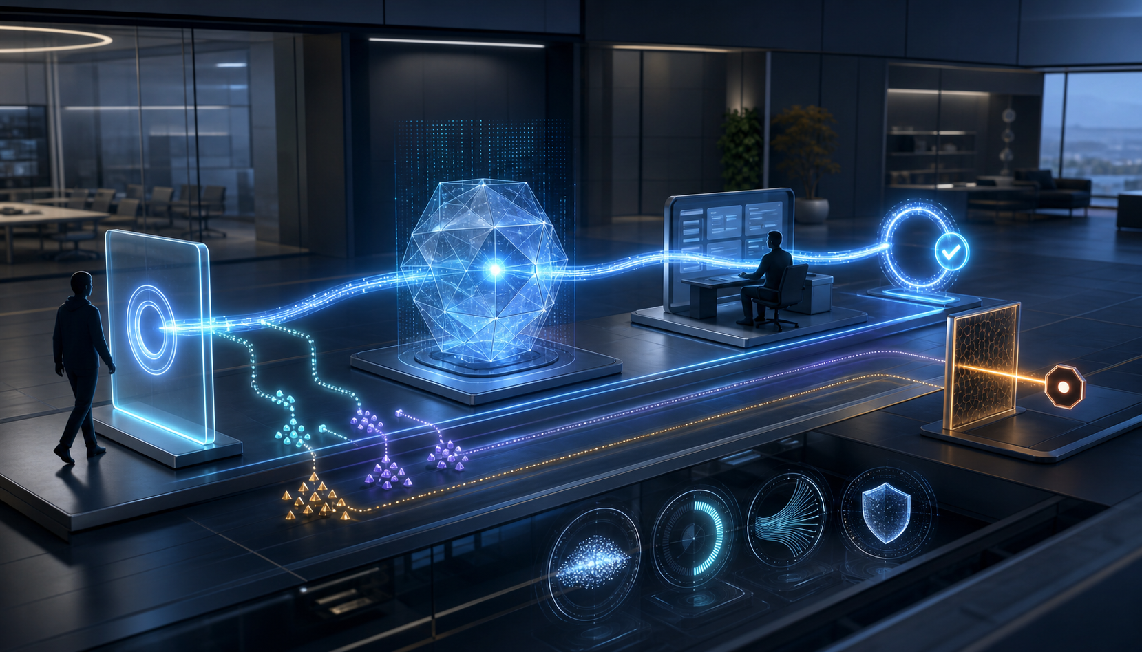 Editorial illustration of a customer journey linked by a glowing evidence trail through an AI system, a digital task, experiment branches, quality signals, and a stop gate.