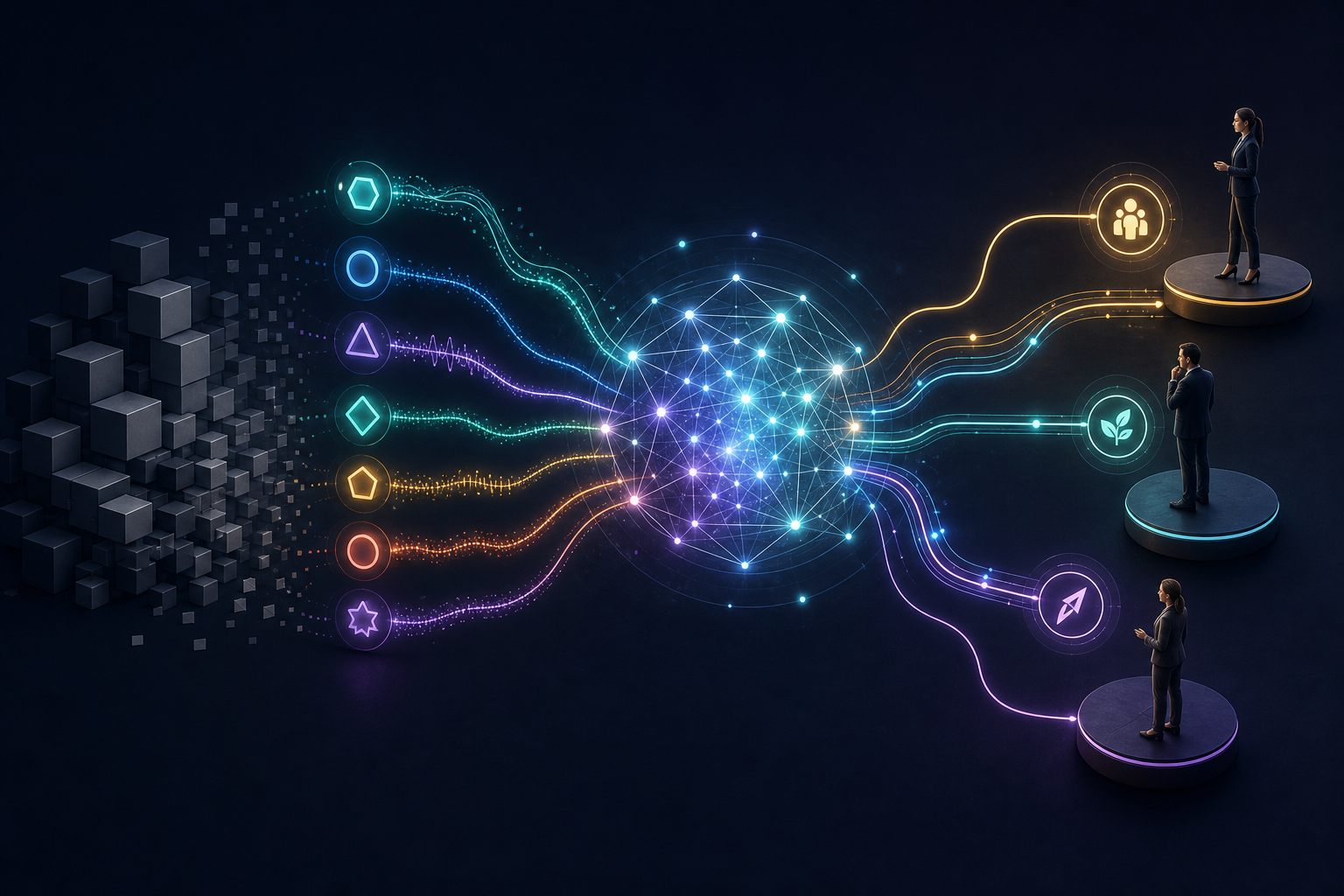 Abstract illuminated customer signals converge into an evolving central network and branch toward coordinated action points, while rigid blocks fade in the background.