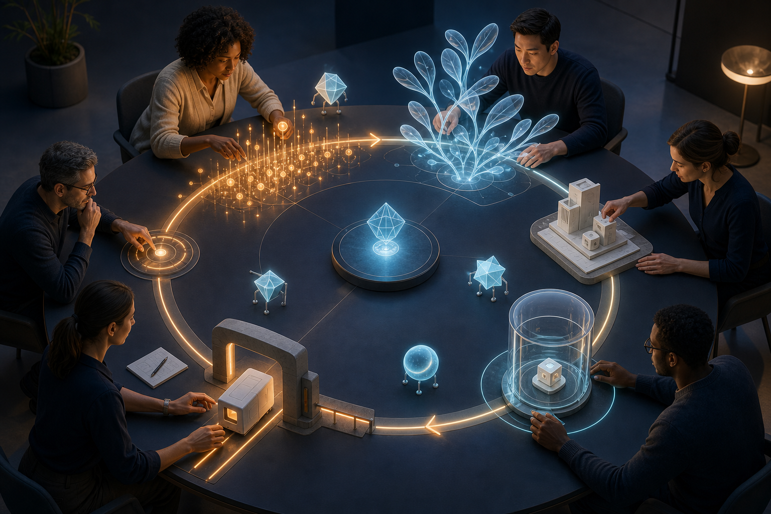 A product team guides signals, ideas, a prototype, testing, release, and production feedback around a continuous circular workflow with abstract AI assistants.