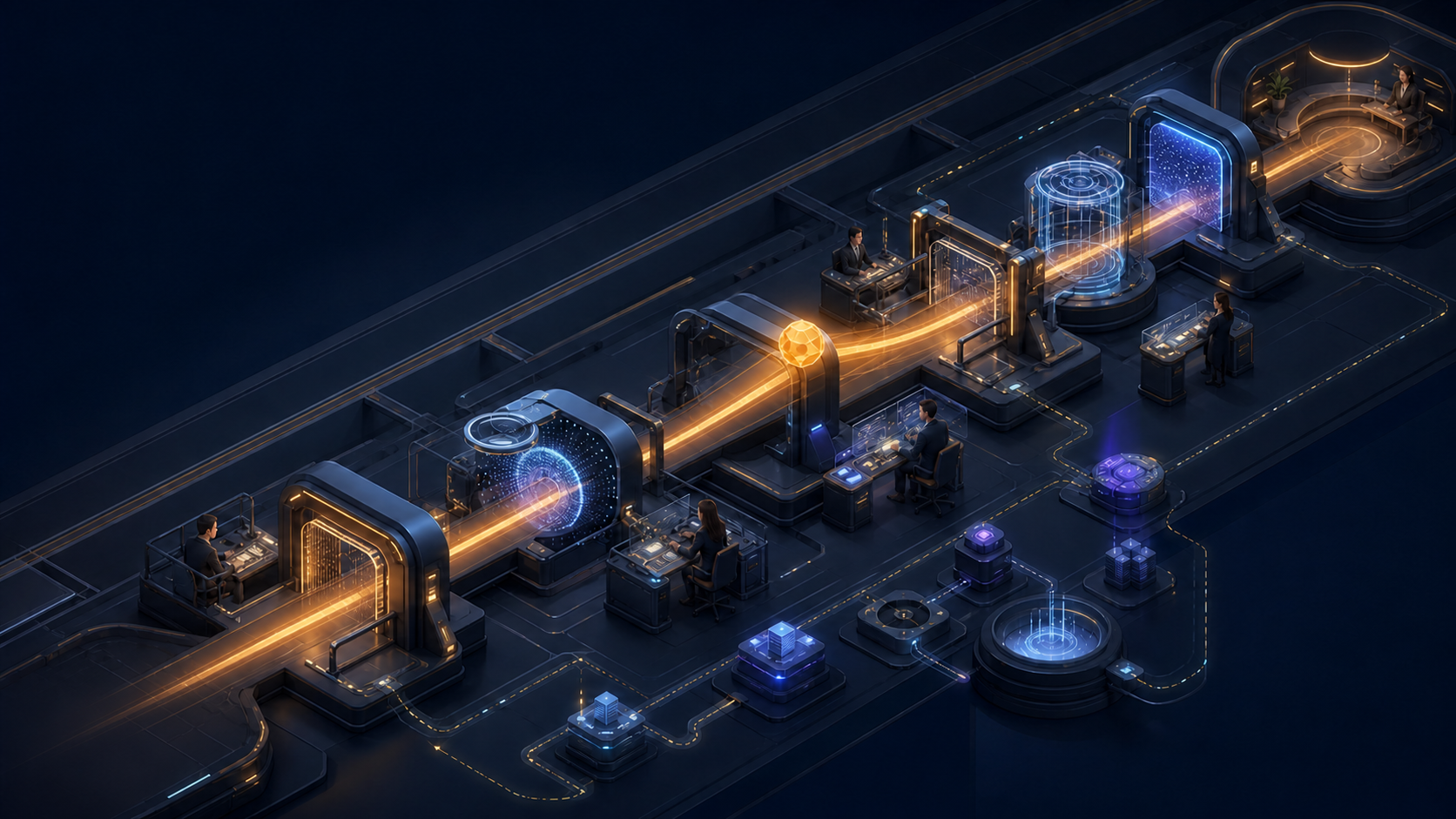 Isometric illustration of connected AI modules and human review stations coordinating a customer journey through a unified revenue workflow.