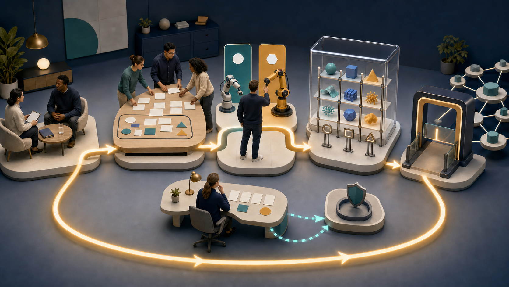 Isometric illustration of a product team moving from a customer interview through opportunity mapping, human-versus-automated workflow design, model testing, and a guarded production release, with a feedback path looping back to discovery.