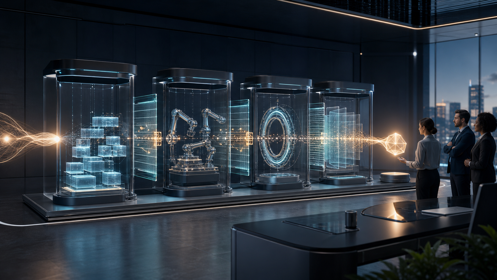 Three enterprise professionals observe an AI analytics workflow passing through transparent evaluation and access-control chambers in a modern data operations room.