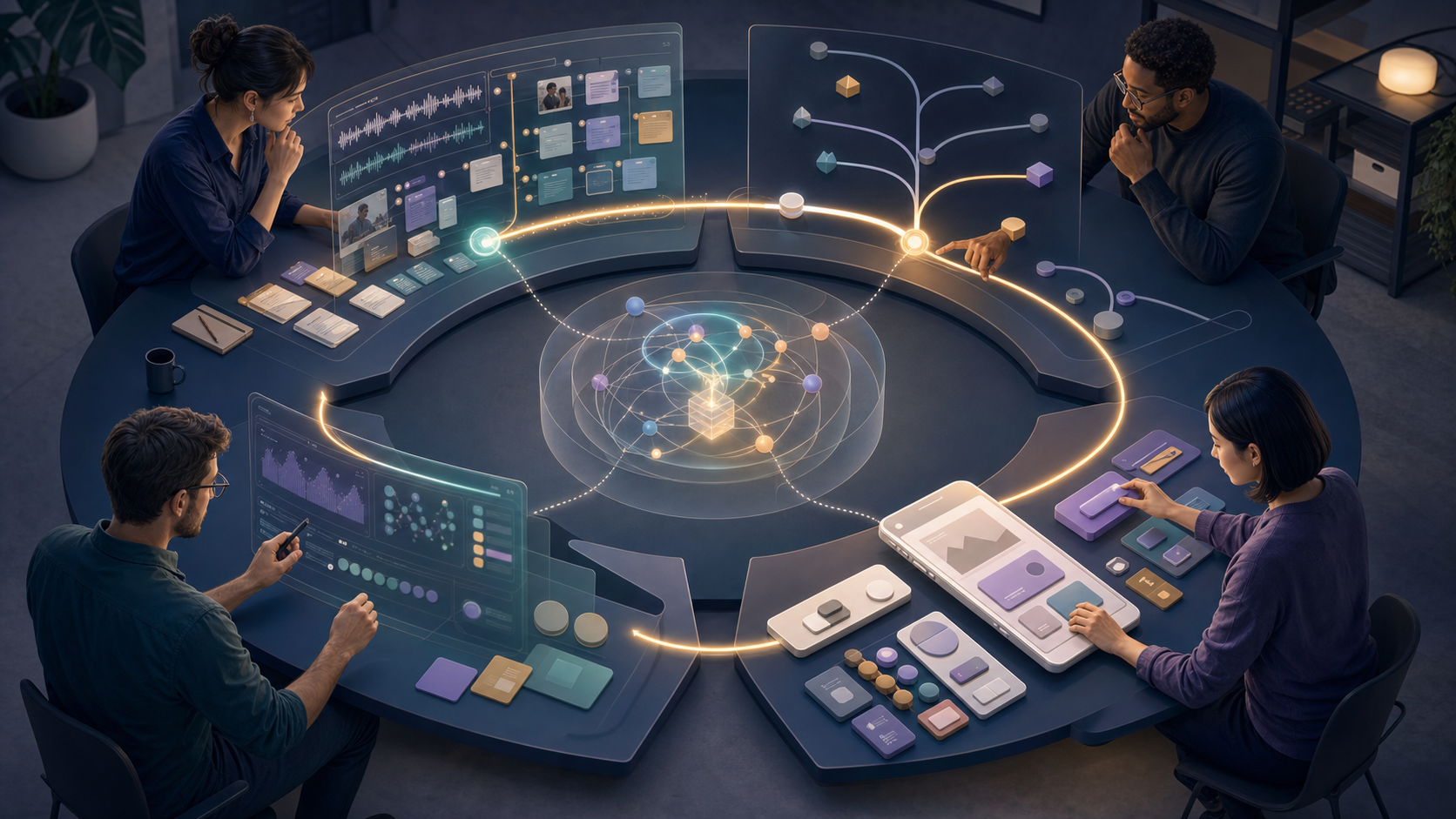 A cross-functional product team works around a circular table where customer evidence, a decision junction, a modular prototype, and product evaluation are connected by one continuous glowing loop.