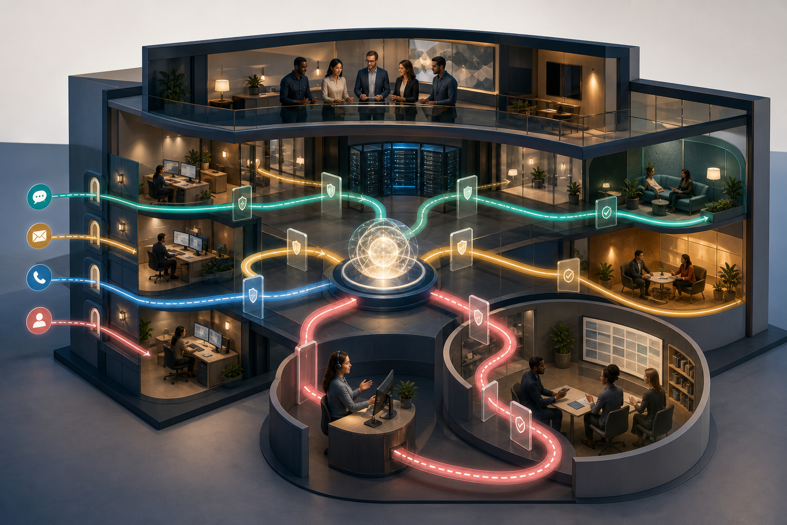 An abstract AI operations hub routes customer-service journeys through automated resolutions, human escalation, safety controls, and a continuous improvement loop while a cross-functional team supervises the system.