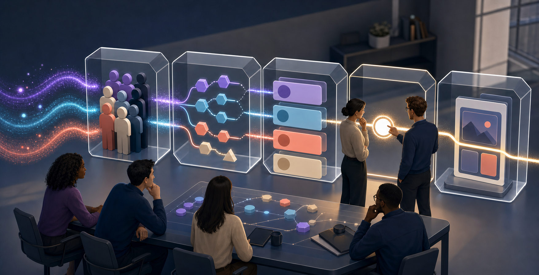 A product team reviews a glowing sequence of abstract cohort, evidence, approval, and decision stages in a modern workspace.