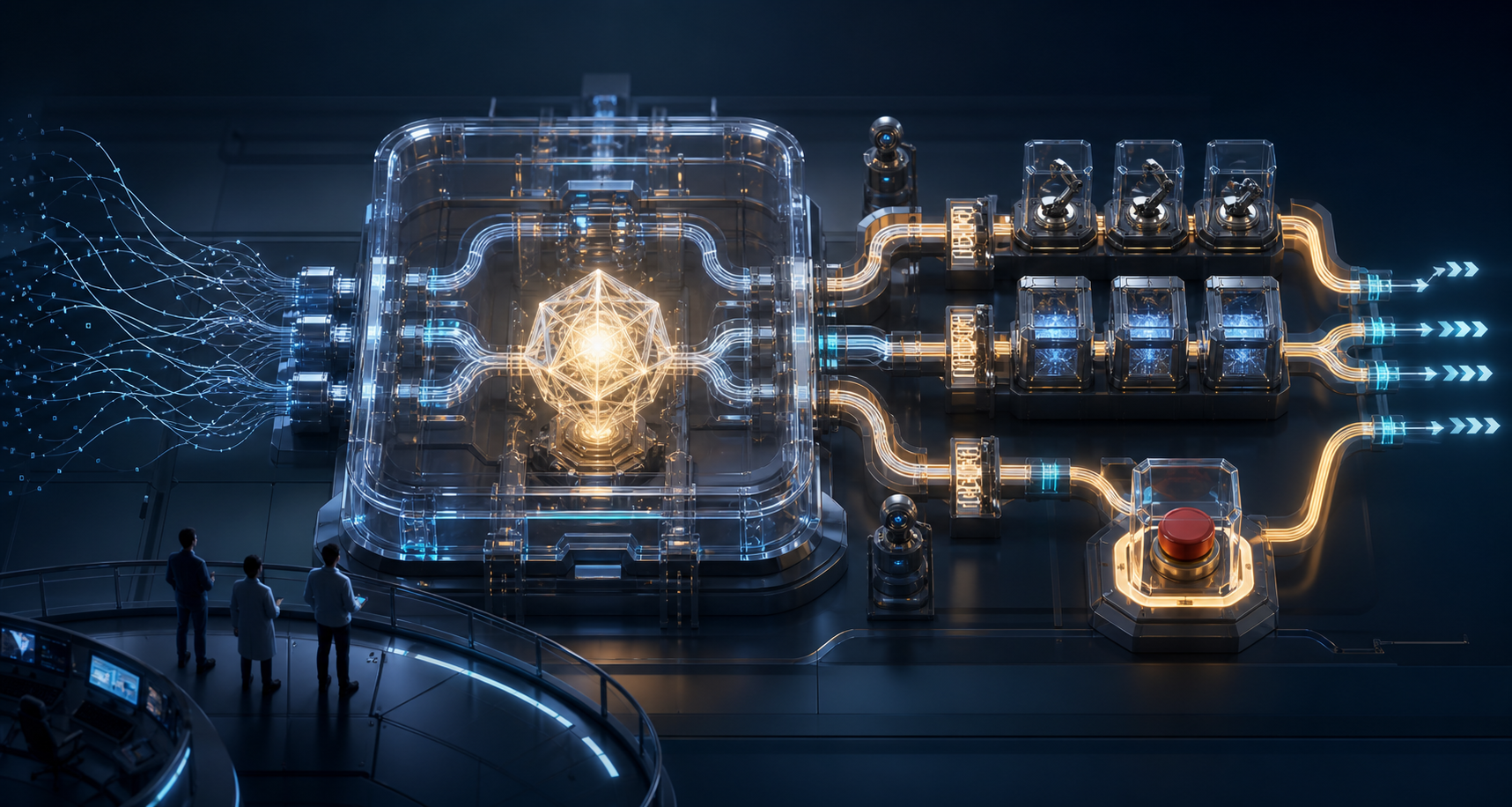 A glowing geometric AI core operates inside a transparent enclosure connected to tool stations, data compartments, checkpoint gates, monitoring sensors, and an emergency stop control.