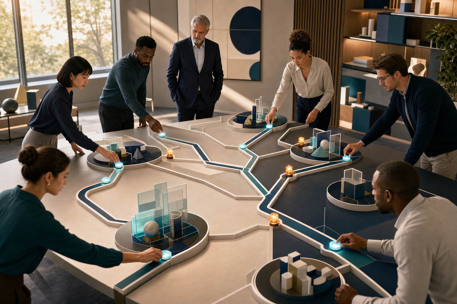 A leadership team guides glowing decision tokens along separate branching paths on a modular table while a senior leader observes from a step back.