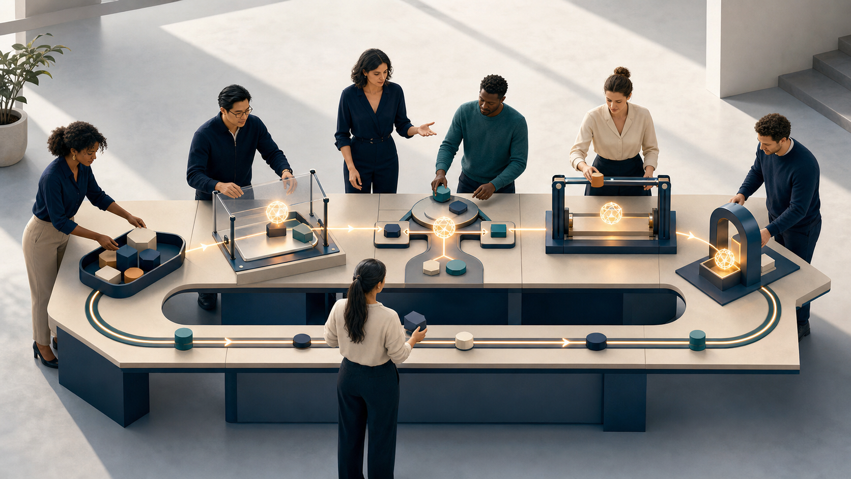 A product and operations team guides an abstract glowing AI agent through a staged workflow with human review, approval, action, and feedback checkpoints.