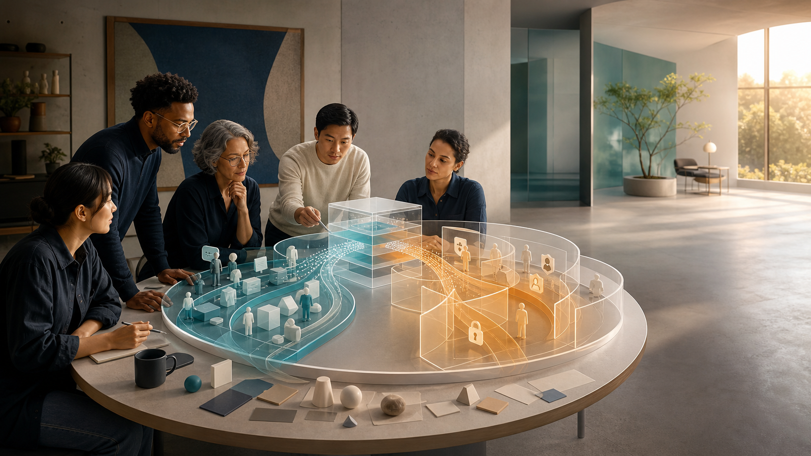 Product leaders examine a translucent AI model connected to customer evidence and surrounded by evaluation, privacy, and oversight guardrails.