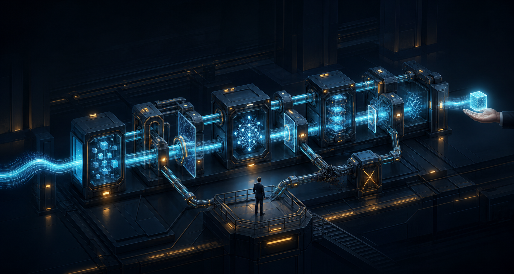 A product leader observes a layered AI service pathway with validation gates, redundant routes, and a contained failure as a request travels toward a completed user outcome.