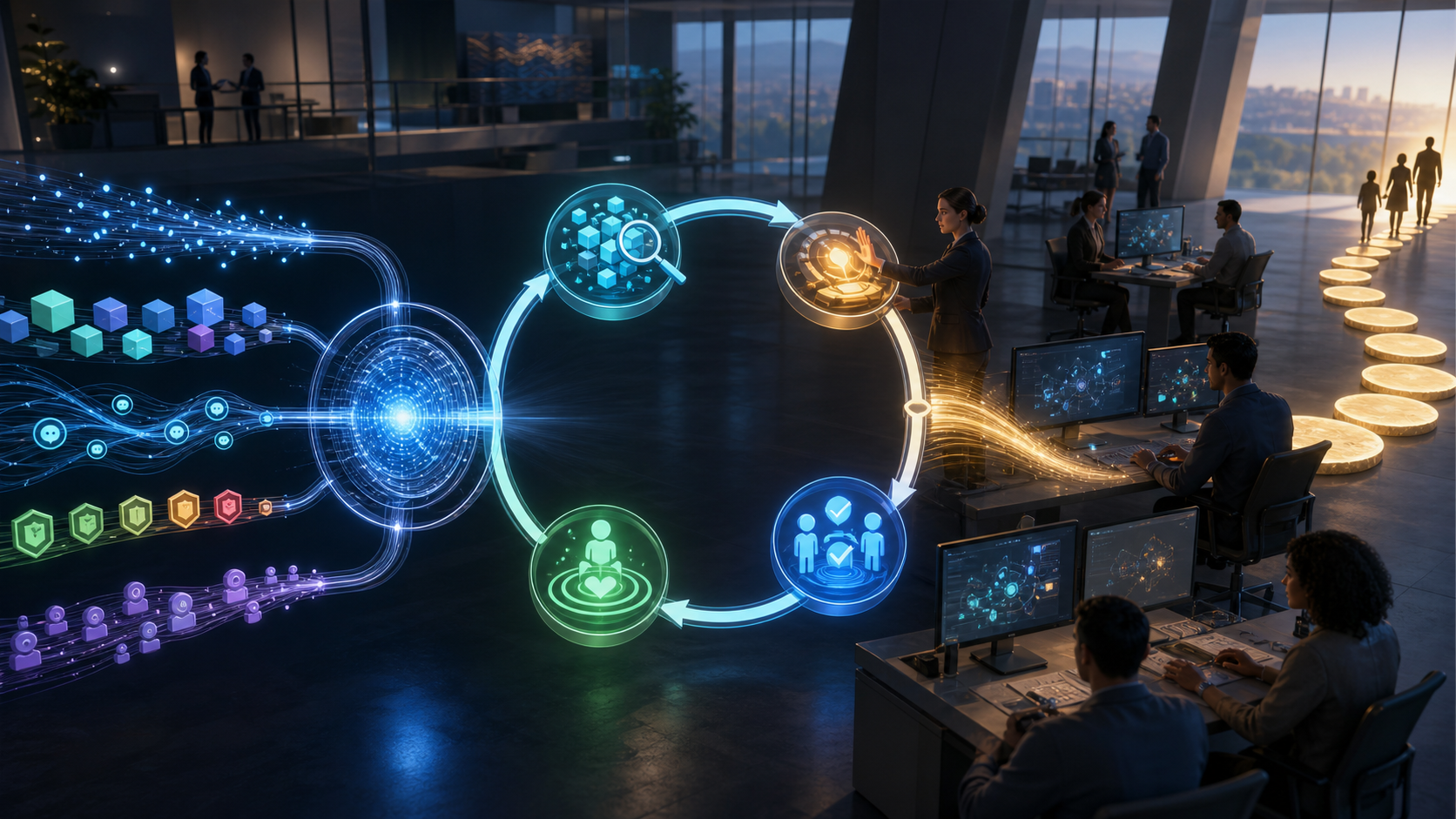 An editorial illustration shows abstract product signals flowing into a central orchestration hub, through a human-reviewed decision loop, and toward coordinated teams and a connected customer journey.