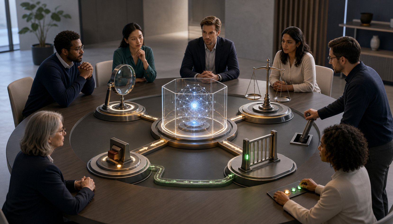 A cross-functional product team evaluates a glowing AI system at a circular table surrounded by abstract evidence, safeguard, approval, and rollback checkpoints.