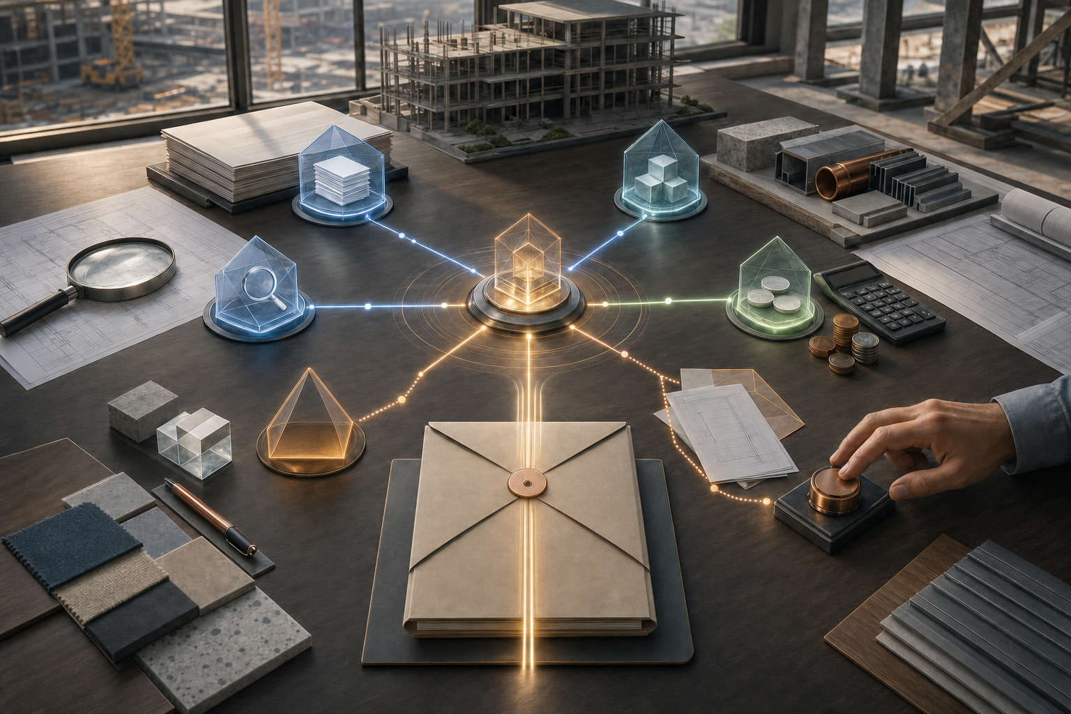 A construction tender desk with drawings and material samples surrounds a glowing network of specialist AI nodes that route documents, pricing, risks, and approvals toward a completed bid package.