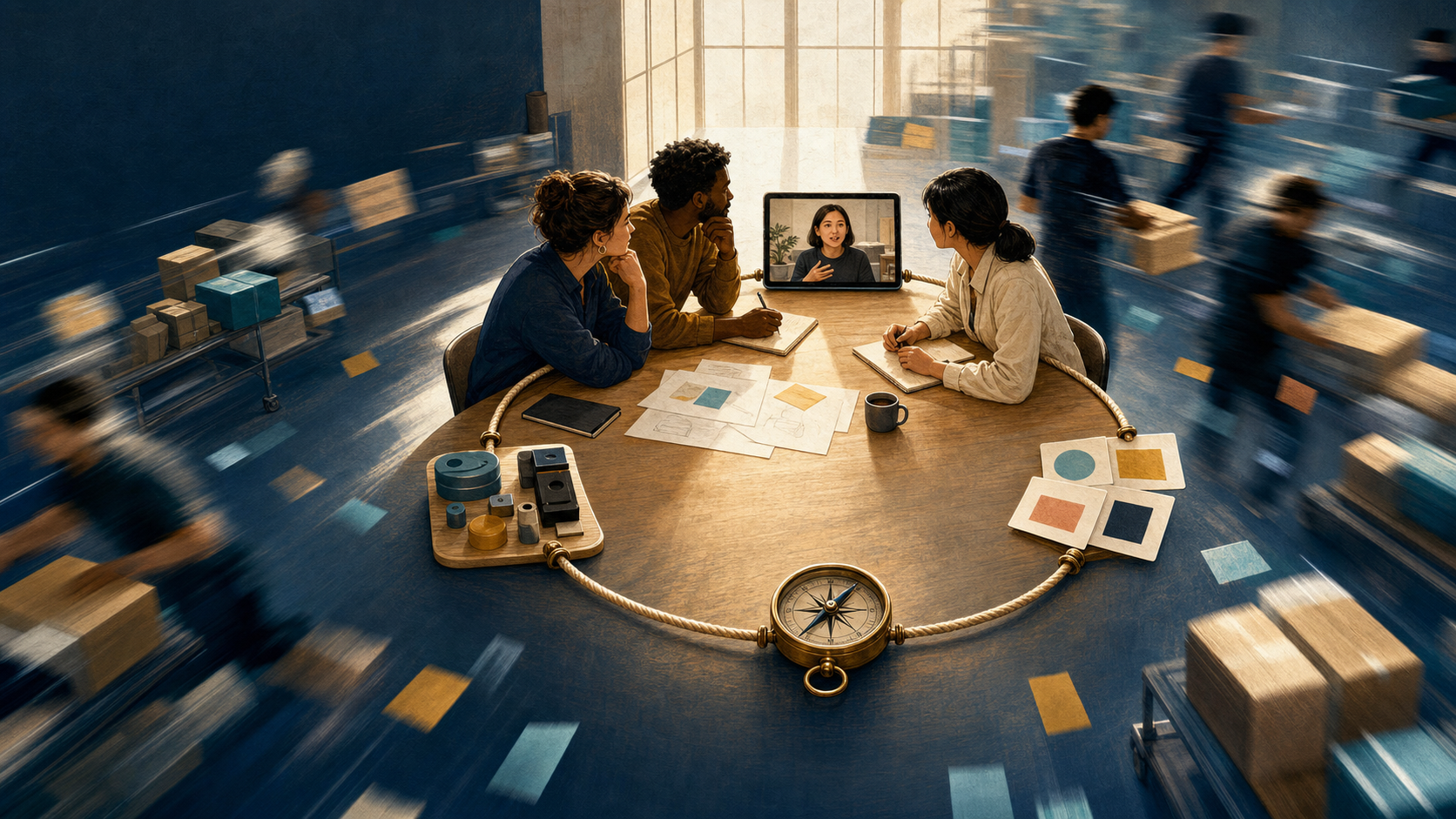Three product team members maintain a circular workflow linking a customer conversation, evidence cards, strategy, and product delivery while task cards move rapidly around them.