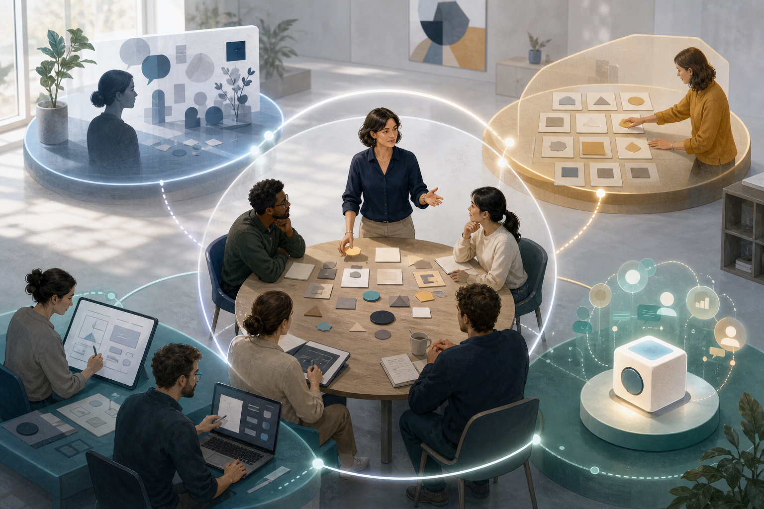 Editorial illustration of a product manager facilitating a team decision at a round table, with connected areas representing customer research, prioritization, delivery, and post-release learning.