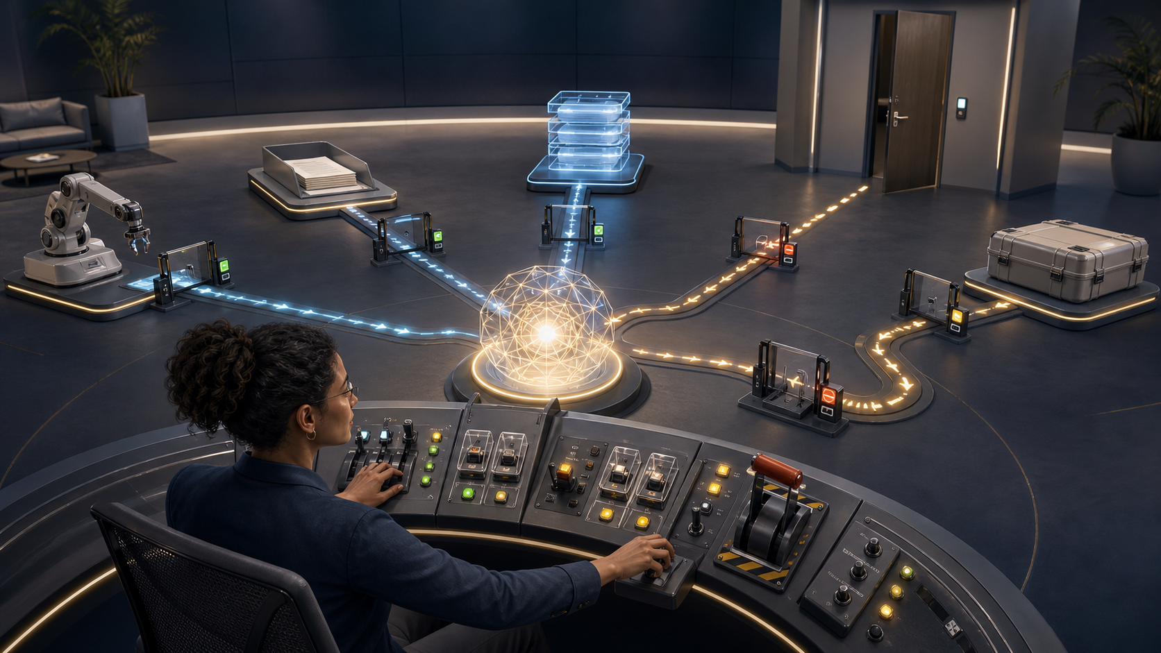 An operator manages an abstract AI core through permission gates, guarded switches, status lights, and a manual stop lever connected to several action modules.