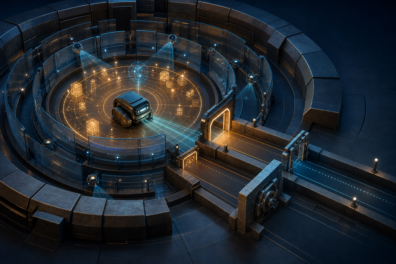 A compact autonomous machine begins work inside an illuminated boundary, surrounded by layered context panels and several gated action paths with different levels of access.